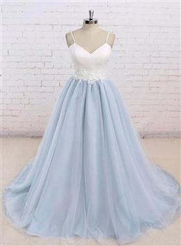 Picture of Pretty Light Blue Tulle and White Color Top Long Wedding Party Gowns, Straps Junior Prom Dresses